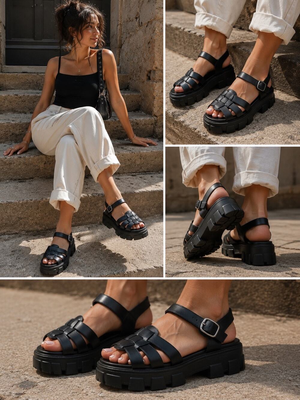 Wild Fable Blk Chunky Lug Sole Fisherman Sandals 8.5 Platform Buckle Grunge Goth